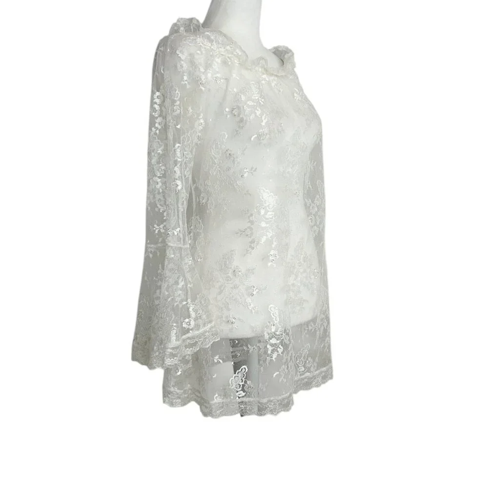 Victoria's Secret Y2K White Sheer Lace Bell‎ Sleeve Ruffle Nightie Lingerie (S)